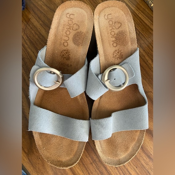 Yokono Sandals Women's 9 Blue Gray Leather Cork Wedge Buckle Made In Spain - Picture 2 of 9